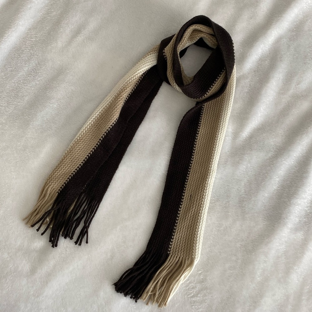 Brown, beige, and cream fringe knit scarf